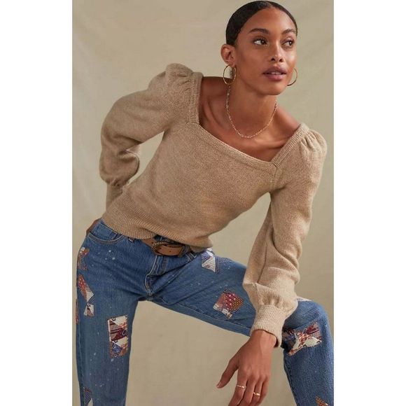 Anthropologie Sweaters - Anthropologie Puff Sleeve Square Neck Pullover Sweater Tan Size S Small